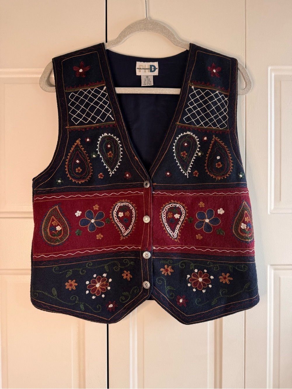 VTG 90s Paul Harris Design Embroidered Floral Paisley Wool Blend Vest M Boho